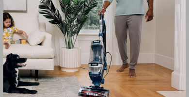 The Shark Stratos Upright offers impressive suction that effectively lifts fur from various surfaces, and it’s equipped with thoughtful features for homes with pets.