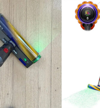 Dyson V15 Detect vacuum cleaning hardwood floors with green laser light revealing microscopic dust particles