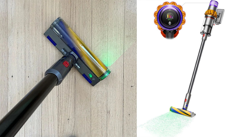 Dyson V15 Detect vacuum cleaning hardwood floors with green laser light revealing microscopic dust particles